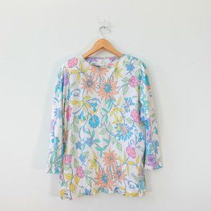 BESSI Top Womens 1X White Silk Floral Tunic Italian Blouse Boho Pastel Y2K ITALY